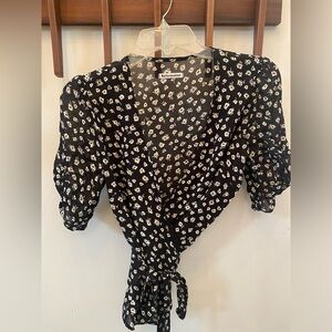 Reformation Black and White Floral Wrap Blouse Size Medium